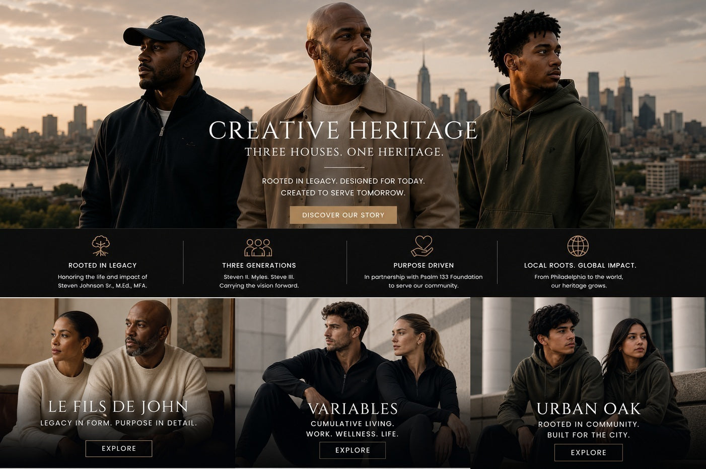 Creative Heritage — Three Houses. One Heritage. Rooted in legacy, three generations, purpose driven, local roots with global impact, featuring Le Fils de John, Variables and Urban Oak.
